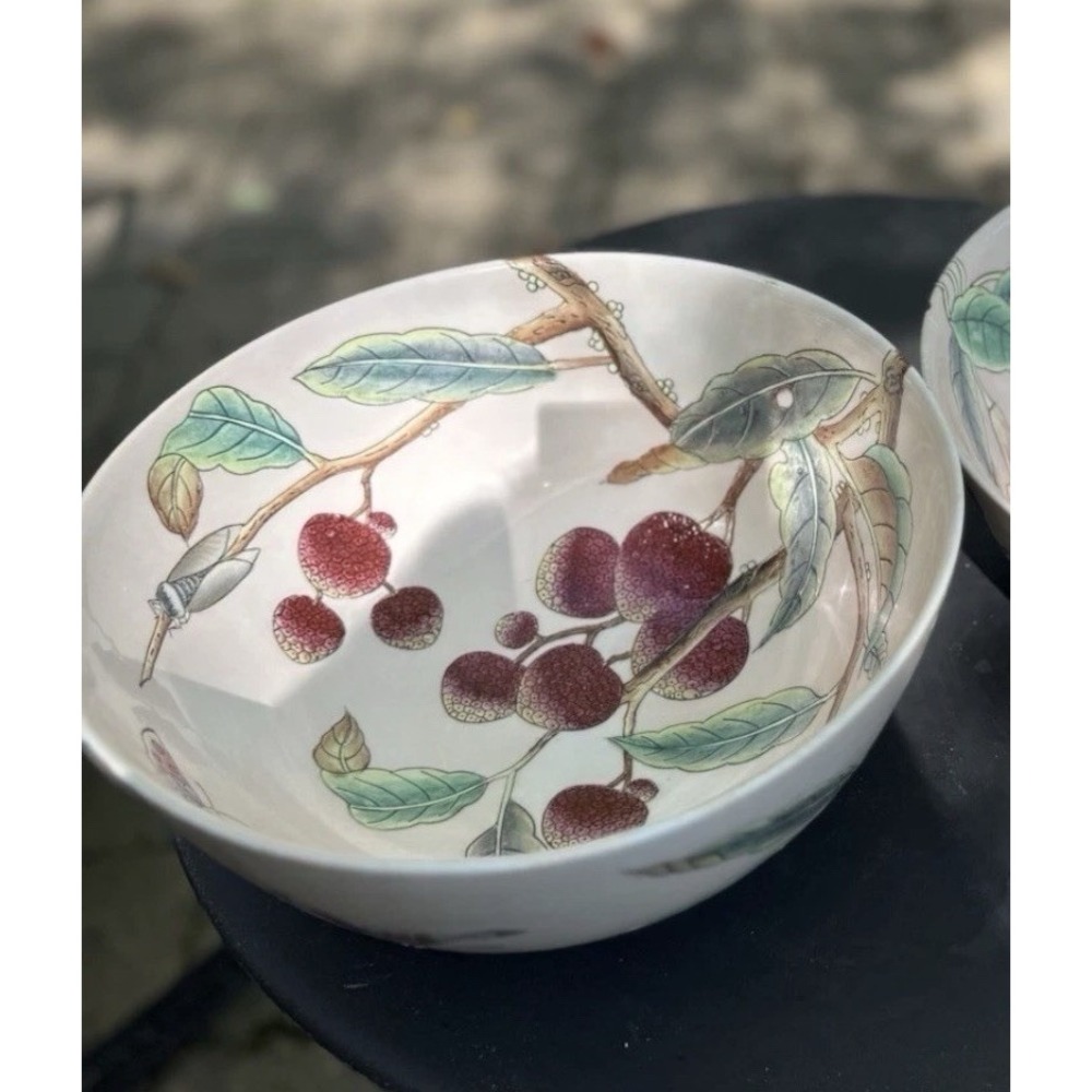 Vintage Chinoiserie Porcelain Fruit Bowl Butterfly Berry Botanical Large - Picture 9 of 12